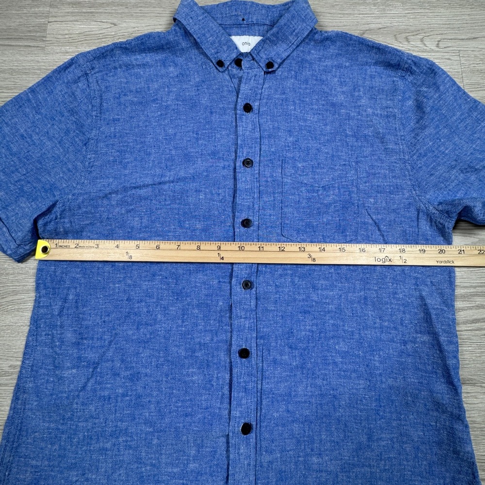 Onia Mens Button‎ Down Shirt Blue Linen Blend Short Sleeve Large Minimalist - Picture 3 of 6